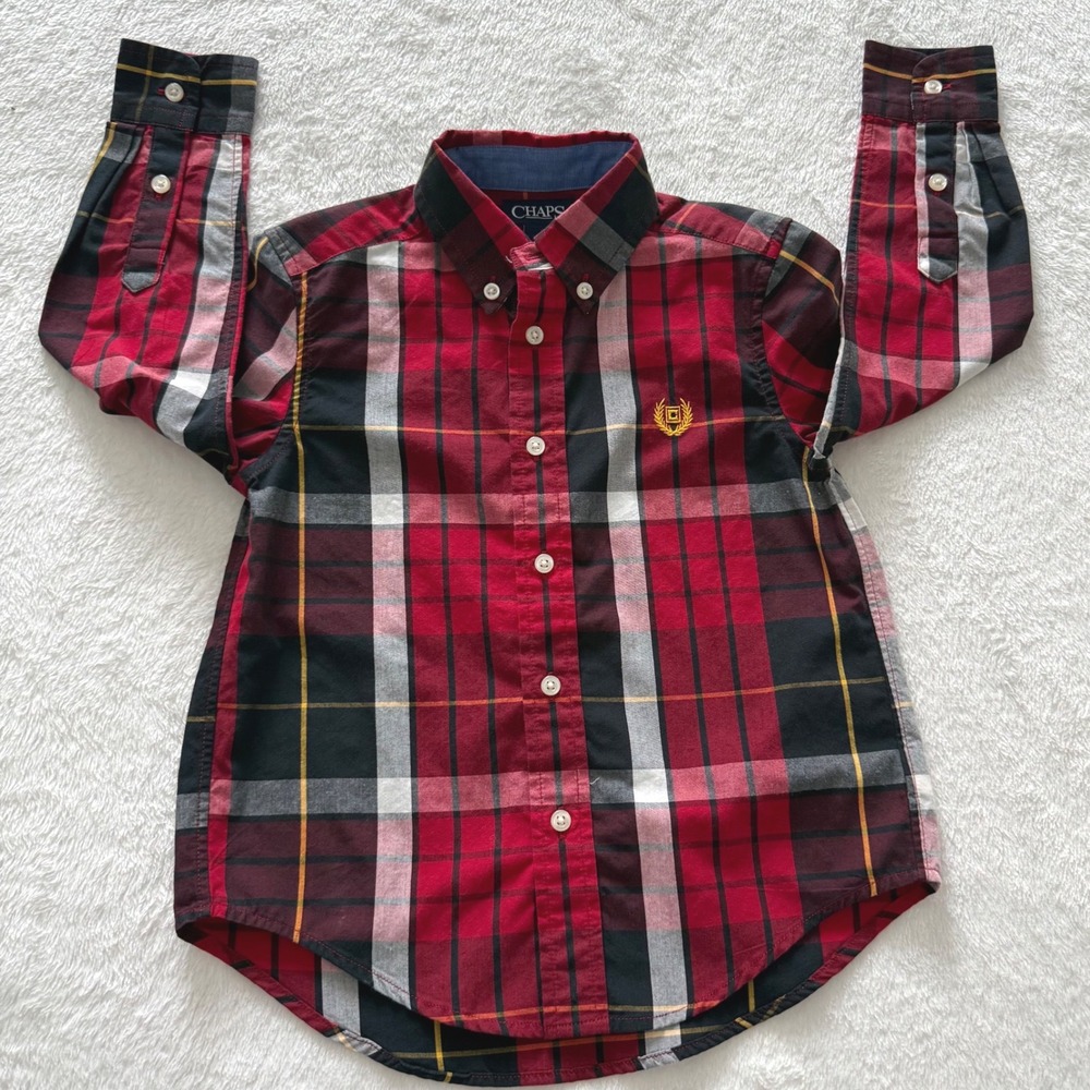 Chaps Kids Red Plaid Button Down Shirt‎ Toddler Boy 4/4T Long Sleeve Easy Care